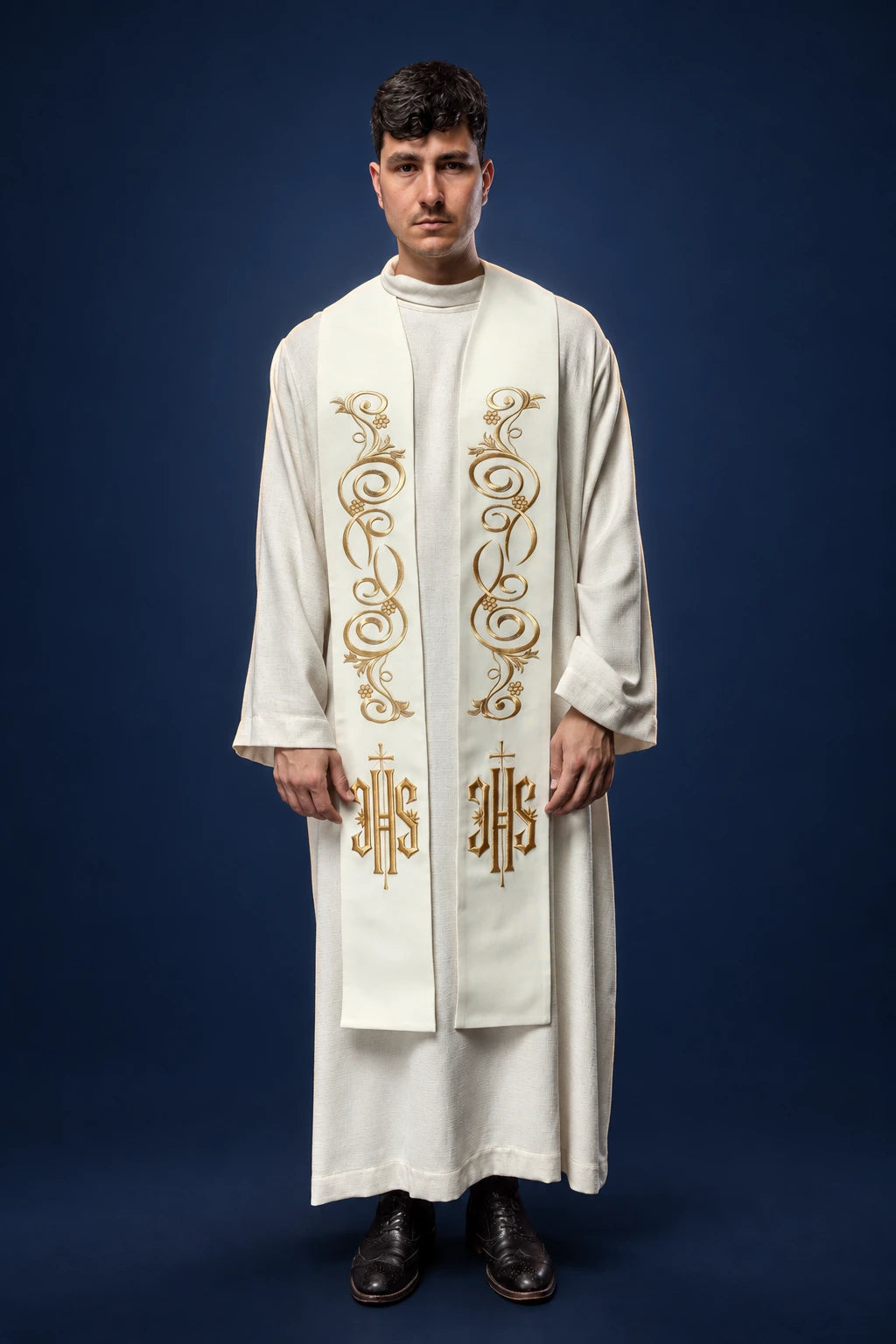 Embroidered IHS Ecru Stole worn from the front with gold embroidery and IHS motifs