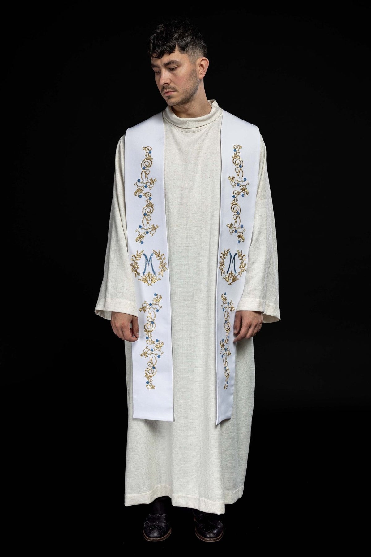 Marian priest stole front view worn, with gold and blue embroidery