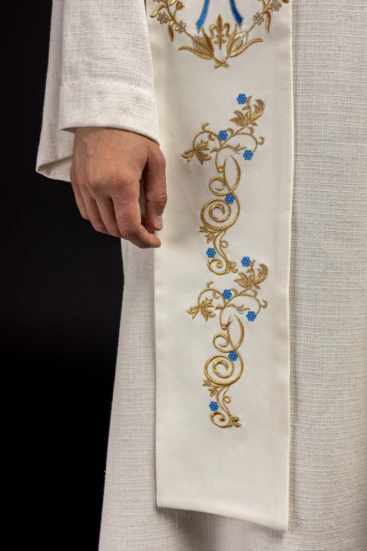 Marian stole lower front detail with gold embroidery and blue flowers
