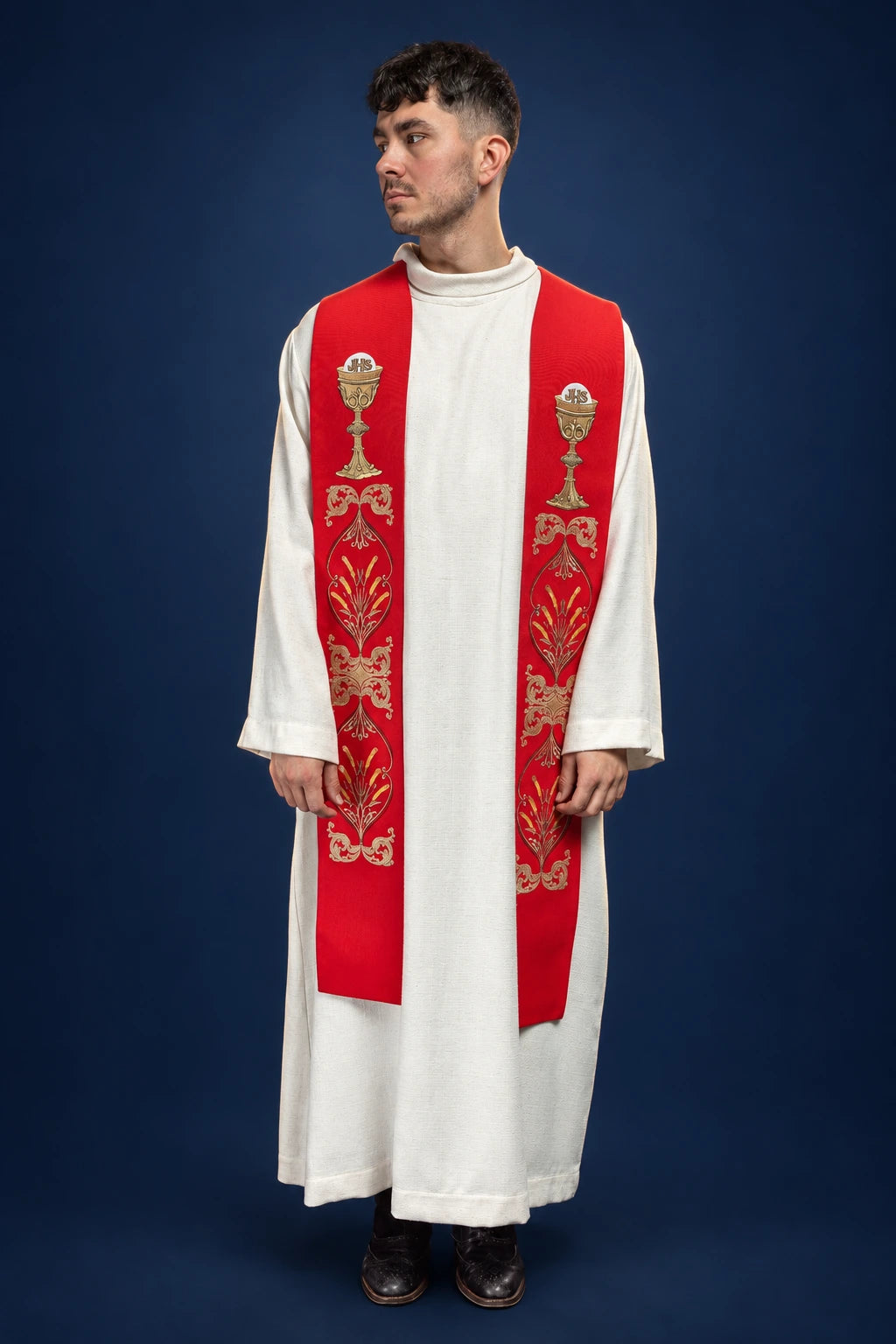 Red Priest Stole with IHS and Chalice Embroidery, front view worn