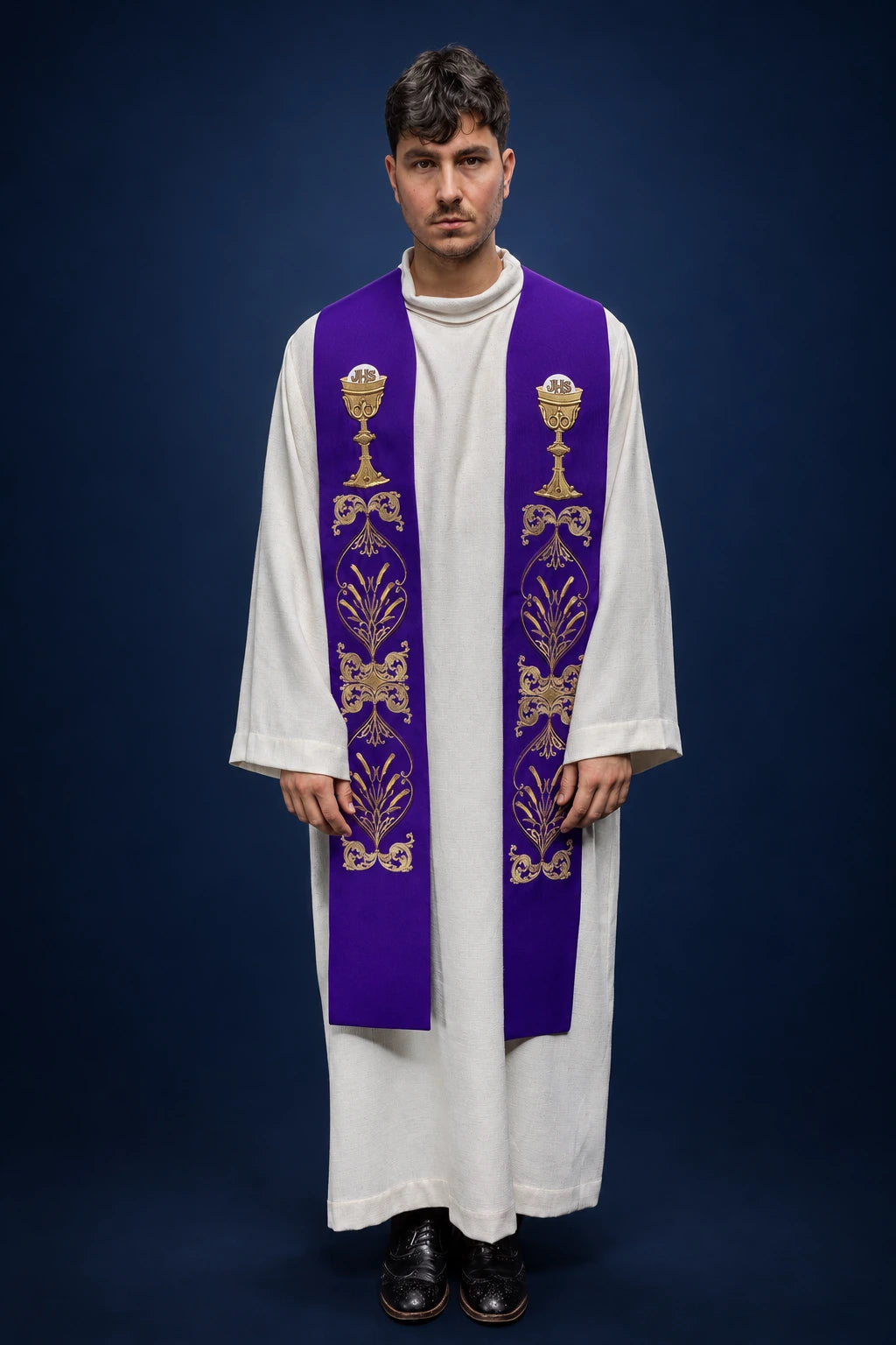 Purple Priest Stole with Chalice and IHS Embroidery, full front view worn