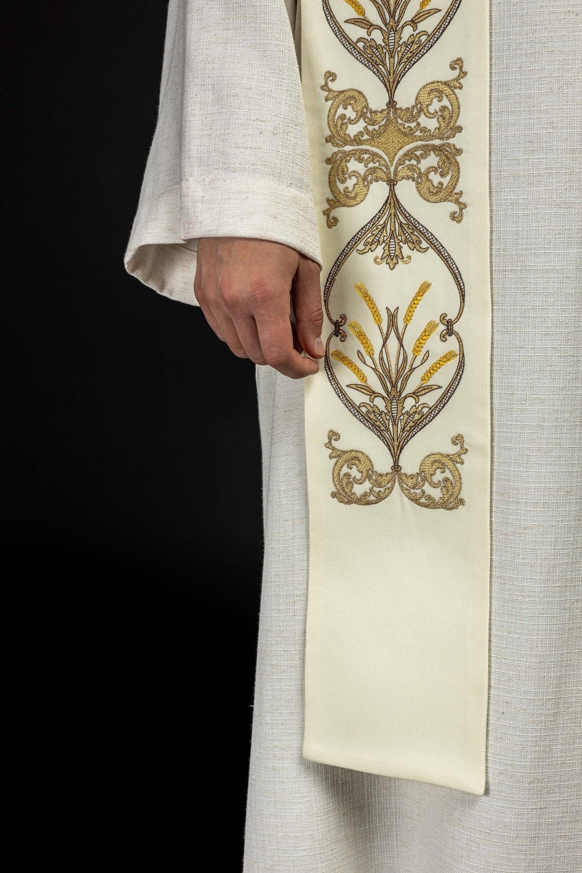 Ecru priest stole lower front detail with floral and wheat embroidery