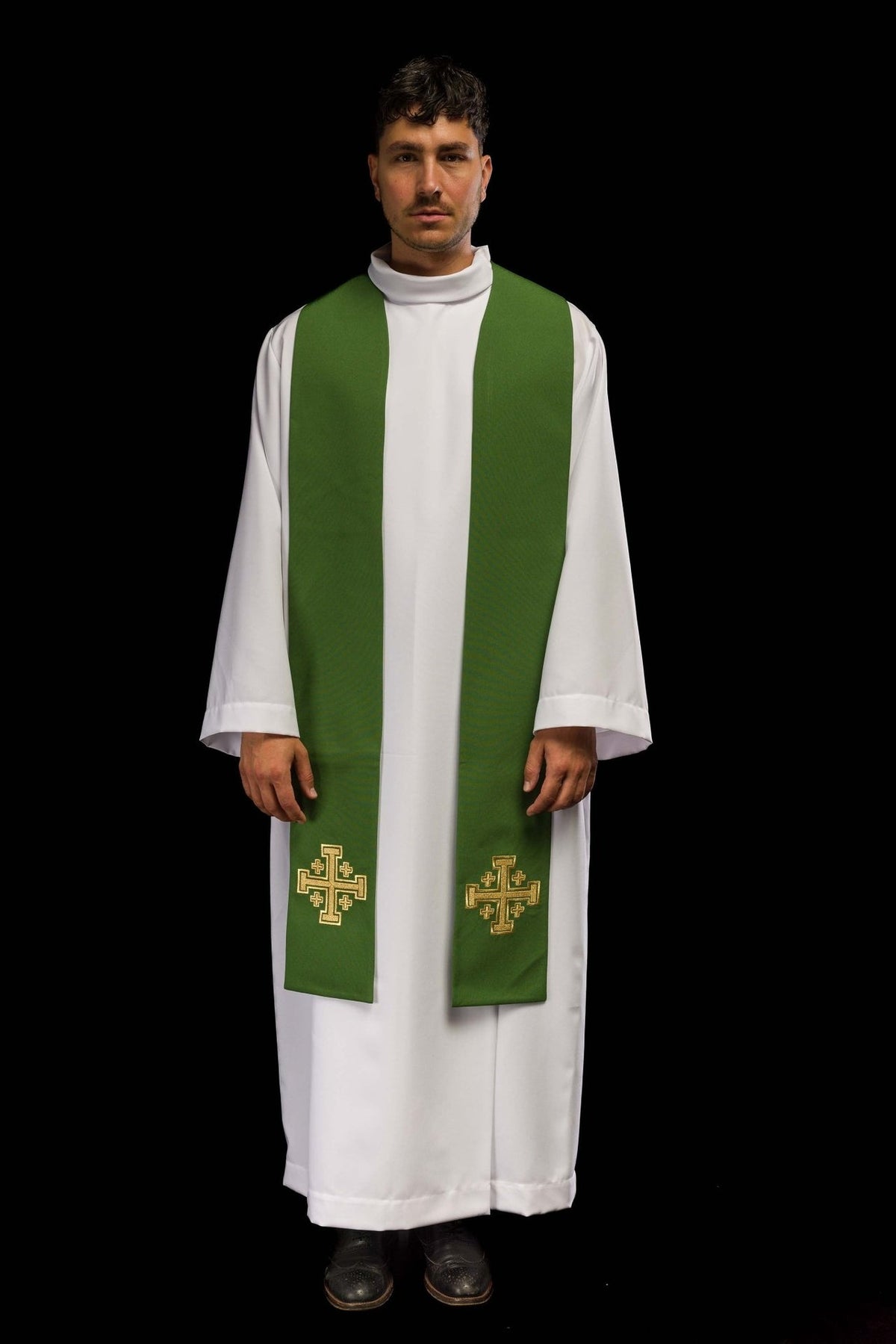 Green embroidered stole front view worn
