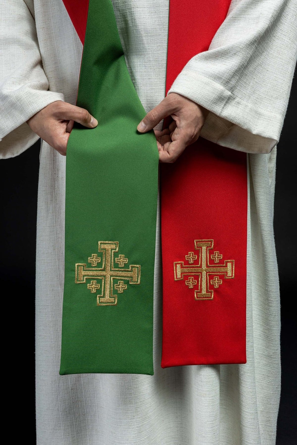 Green and red priest stole, front close-up with embroidered Jerusalem crosses