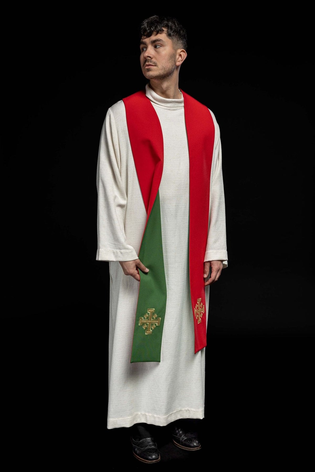 Green and red priest stole, worn front view showing both sides