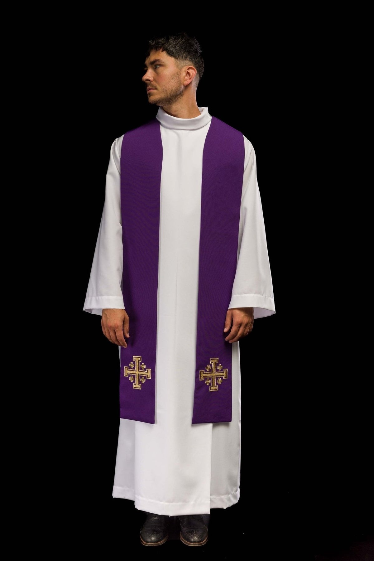 Purple stole worn front view with embroidered gold Jerusalem crosses