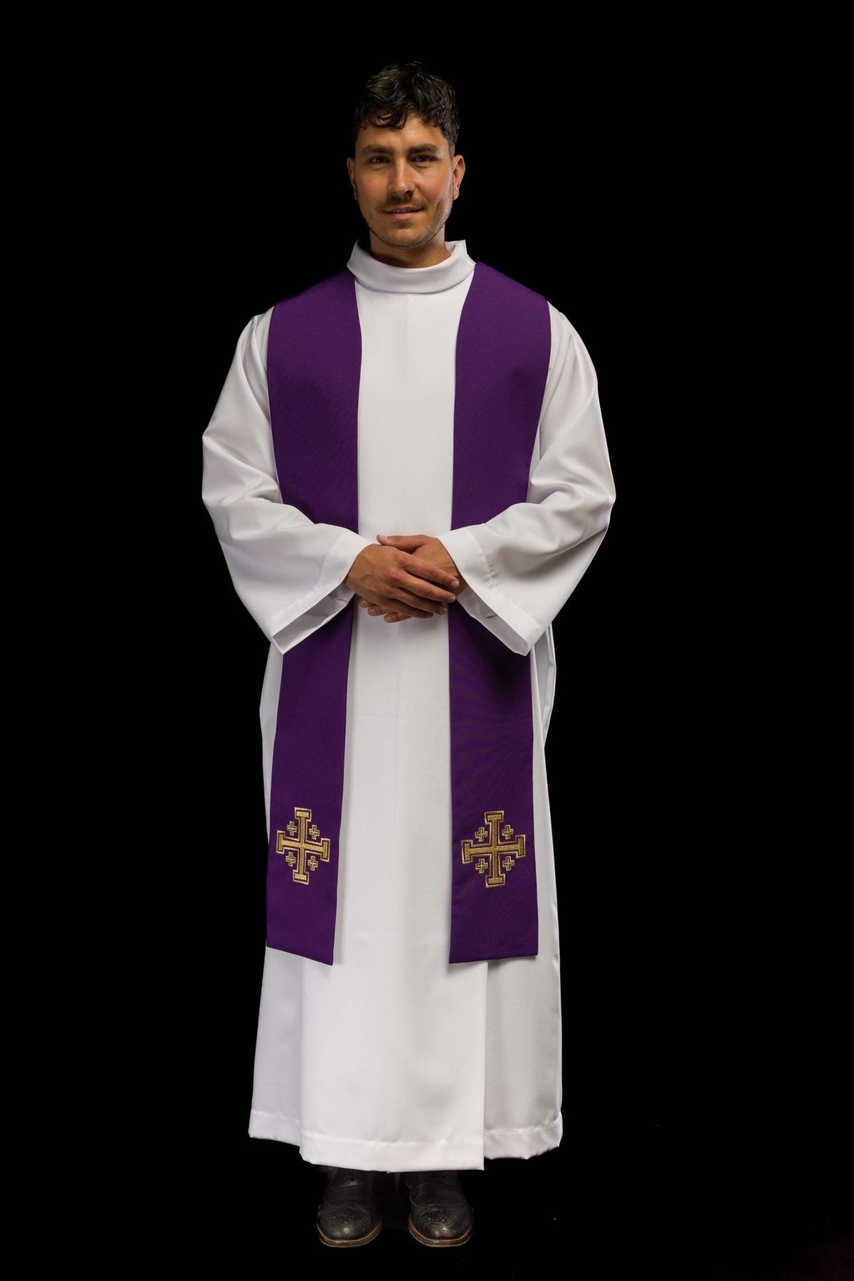 Purple stole worn front view with embroidered crosses and hands folded
