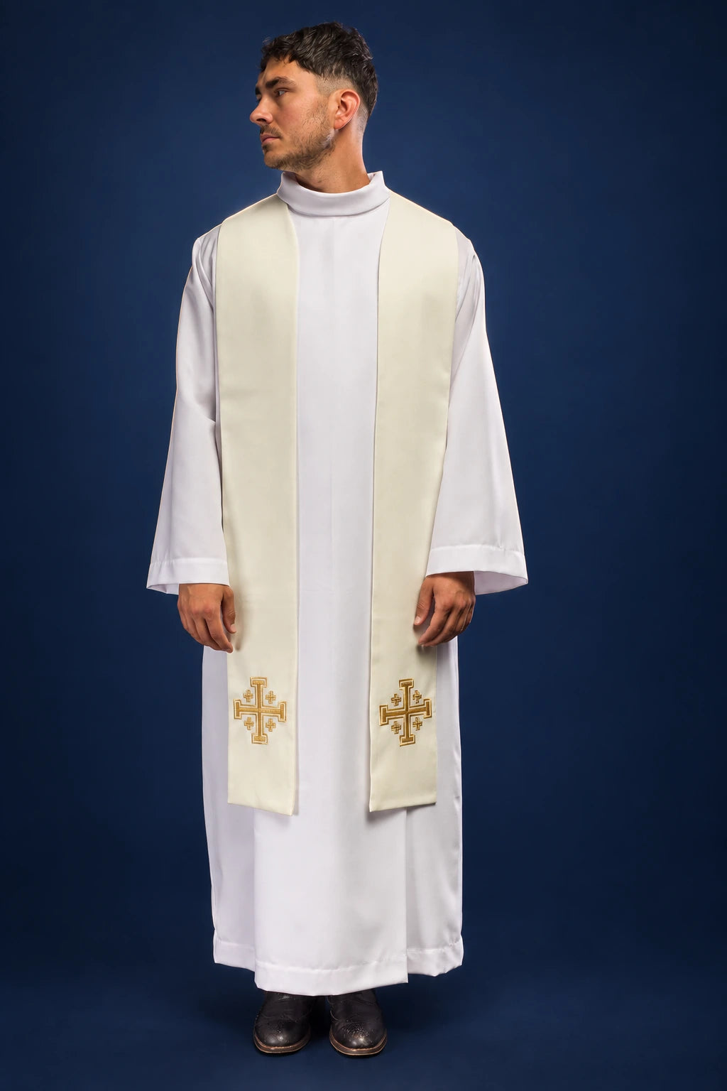 Embroidered Ecru Priest Stole with Jerusalem Cross, front view with gold embroidery