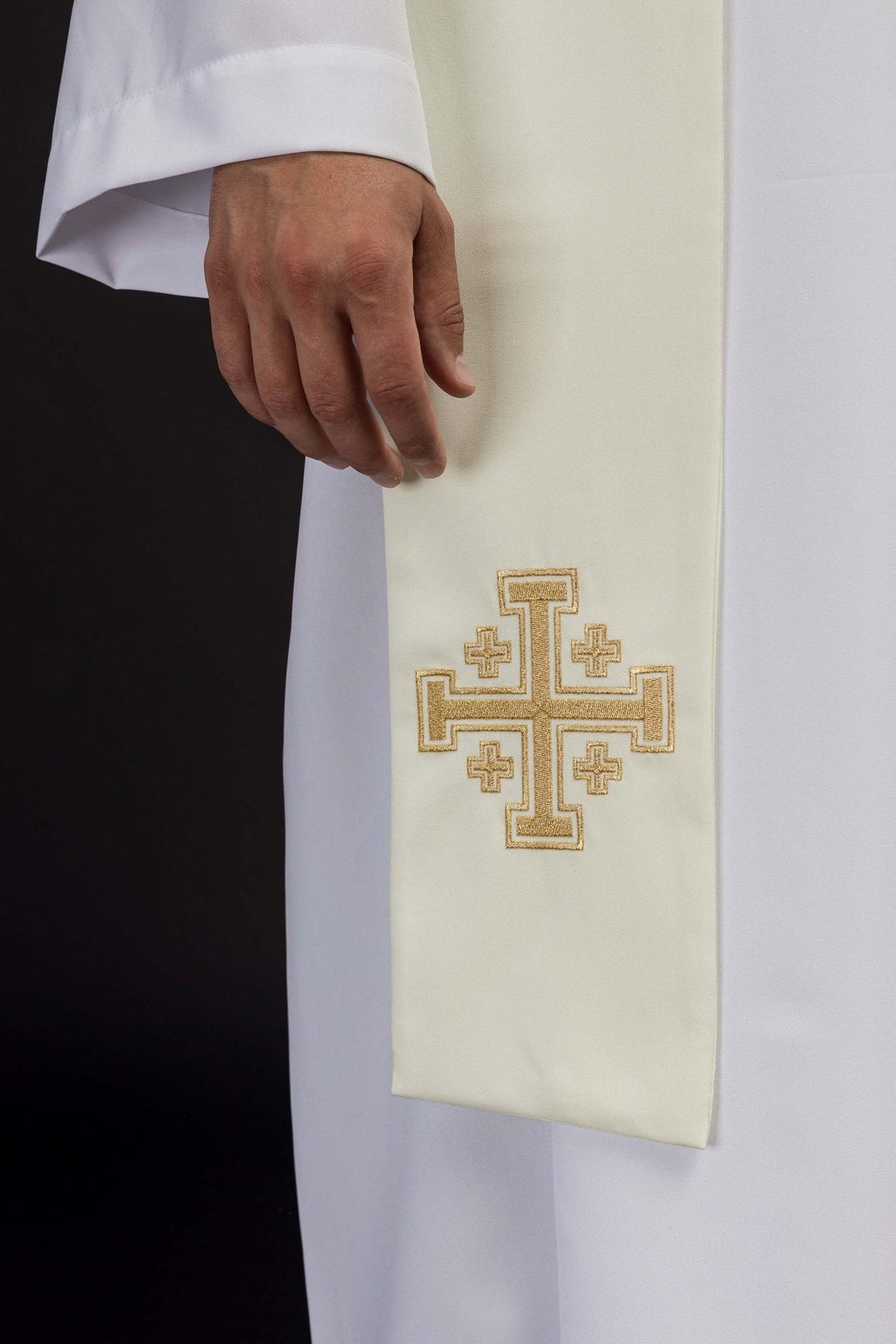 Ecru priest stole close-up showing embroidered gold Jerusalem cross
