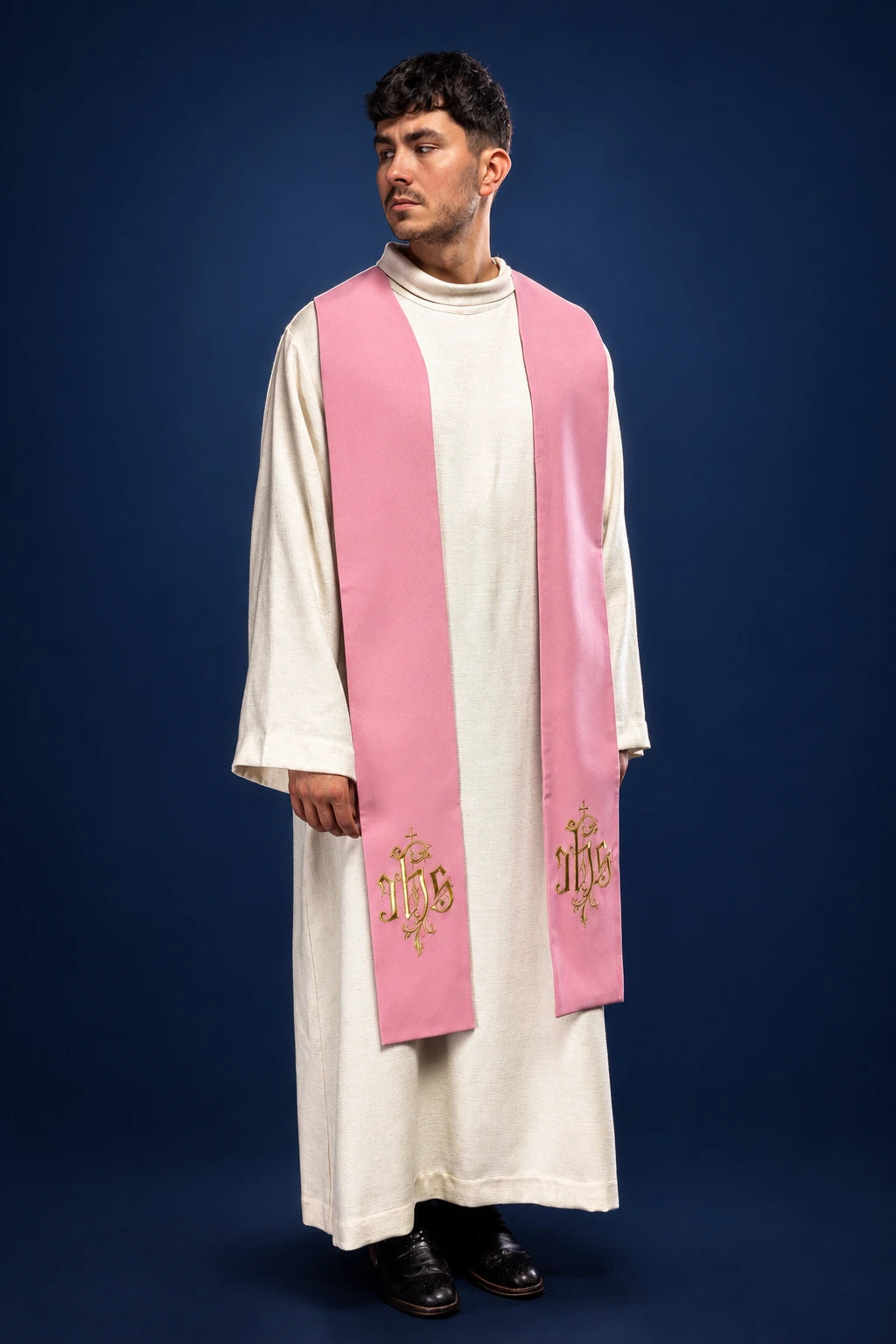 Rose Priest Stole with IHS Embroidery, front view worn