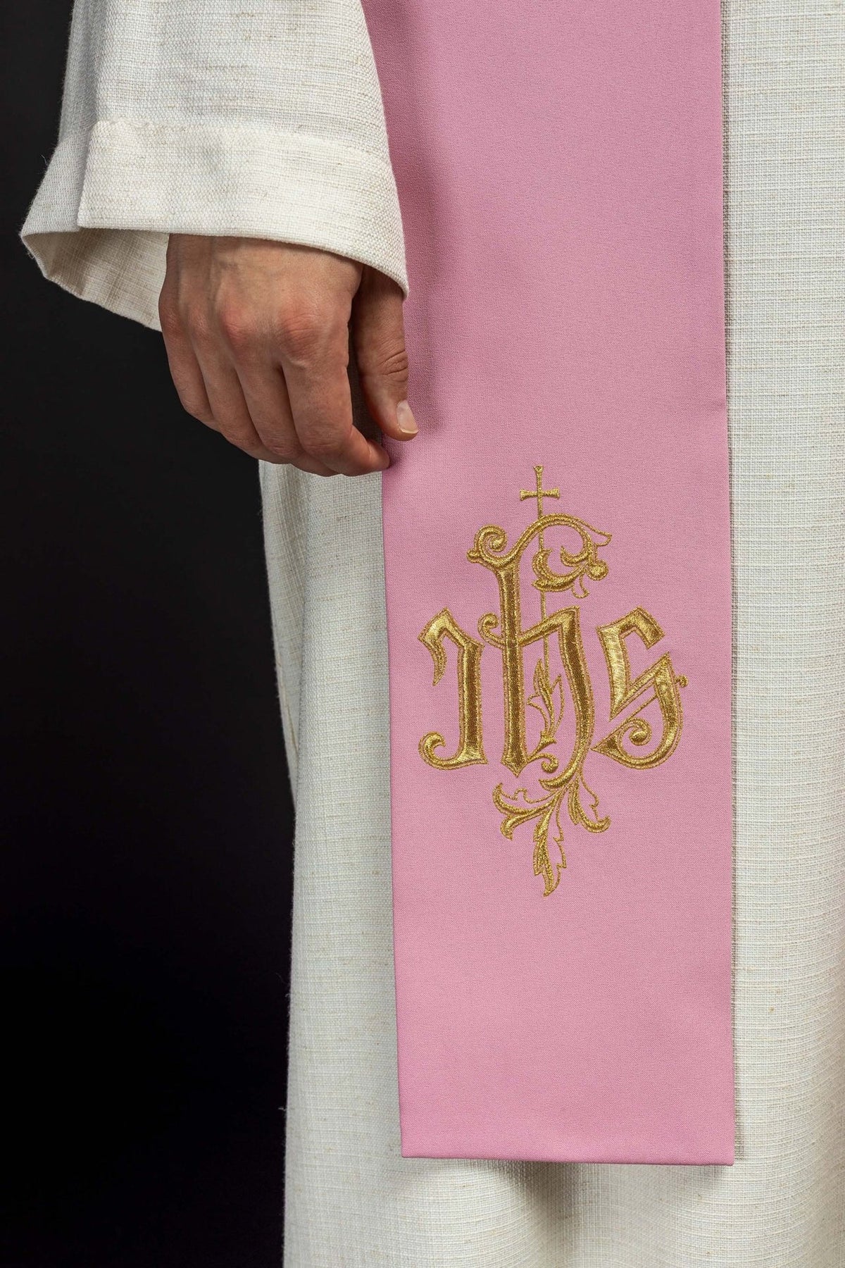Rose priest stole close-up with gold IHS embroidery
