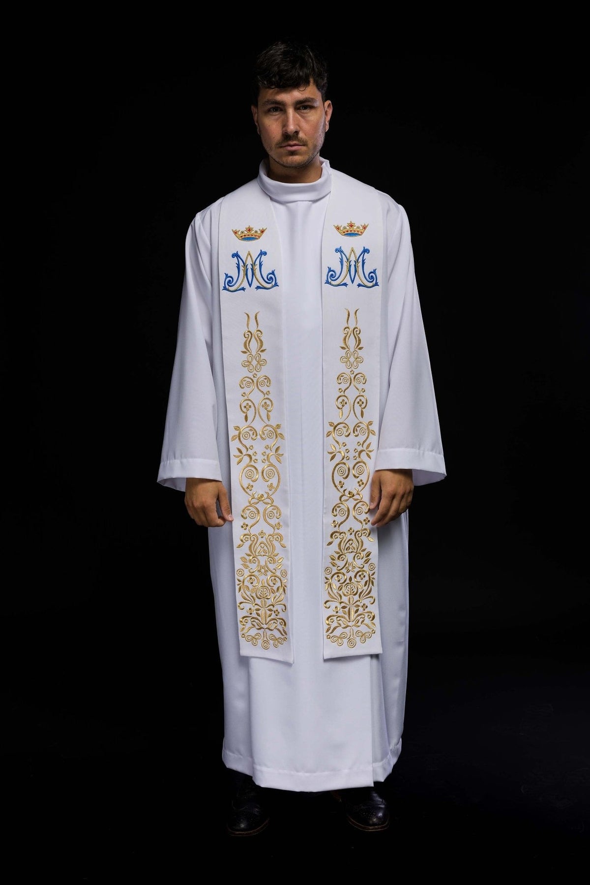 Embroidered Marian priest stole, full front view with crown and gold scrollwork