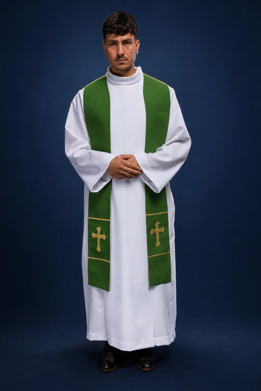 Green Priest Stole with Gold Eucharistic Embroidery, front view with gold cross embroidery