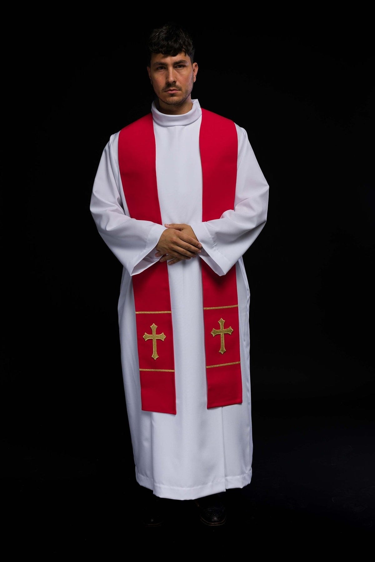 Red stole front view worn with two embroidered gold crosses