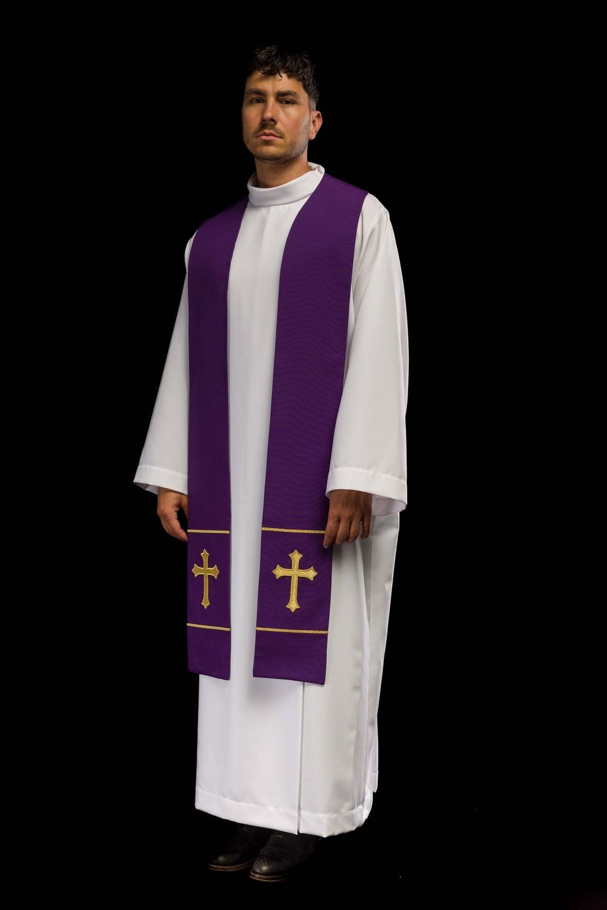 Purple priest stole three-quarter front view with gold embroidered crosses