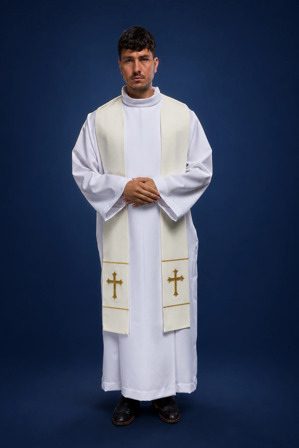 Ecru Priest Stole with Gold Eucharistic Cross Embroidery, front view worn