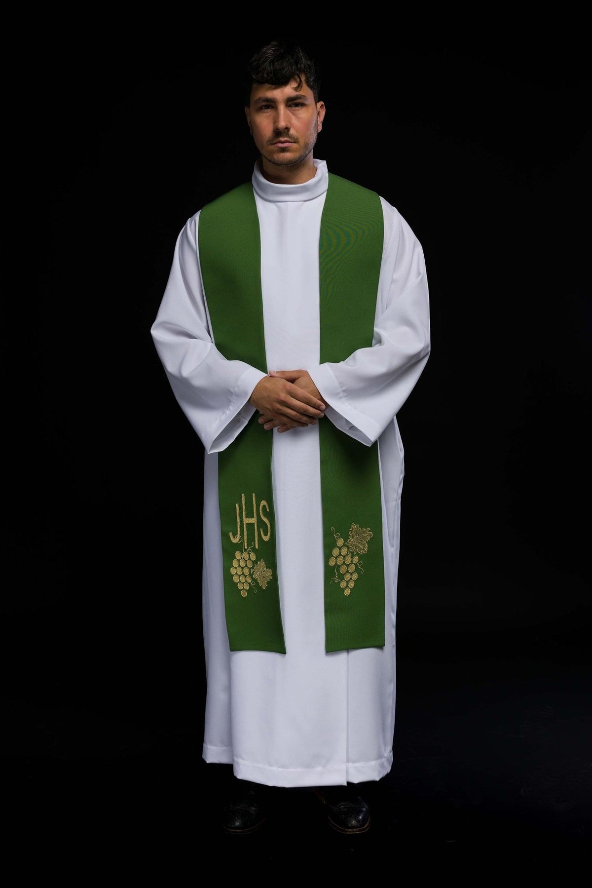Green Embroidered Priest Stole with IHS and Grapes worn front view