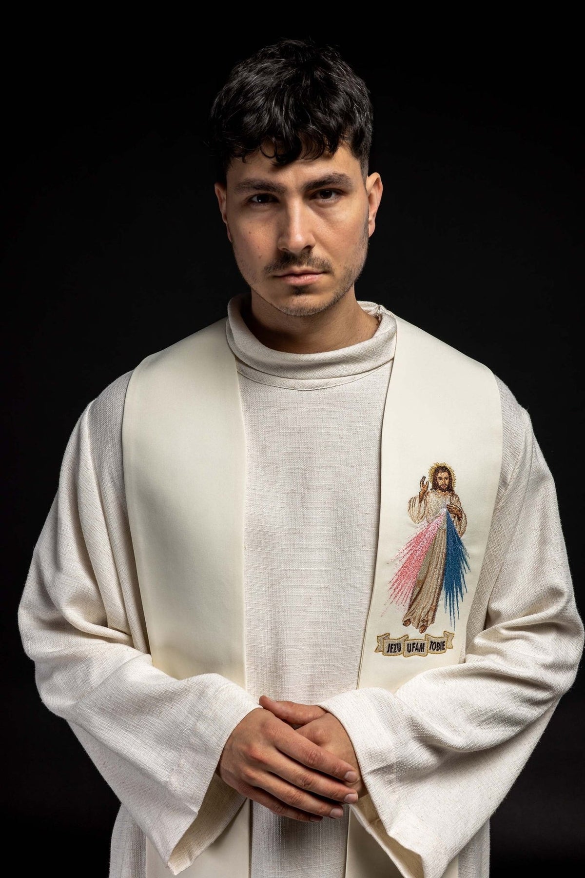 Ecru priest stole worn front view with embroidered Divine Mercy and Jesus, I trust in You