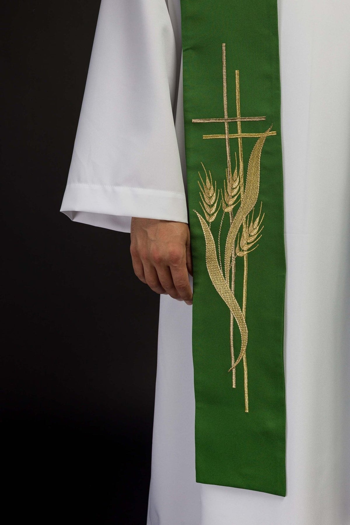 Green priest stole close-up showing gold cross and wheat embroidery
