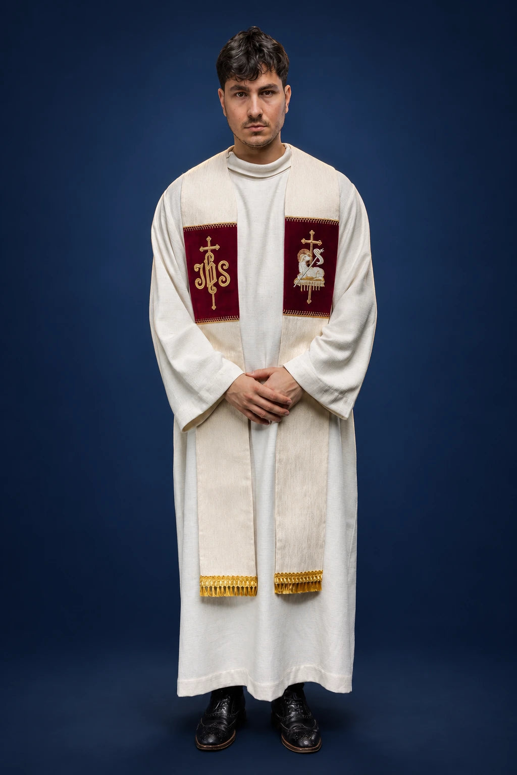 Embroidered Stole with Agnus Dei and JHS Symbols, front view in ivory with burgundy panels and gold embroidery