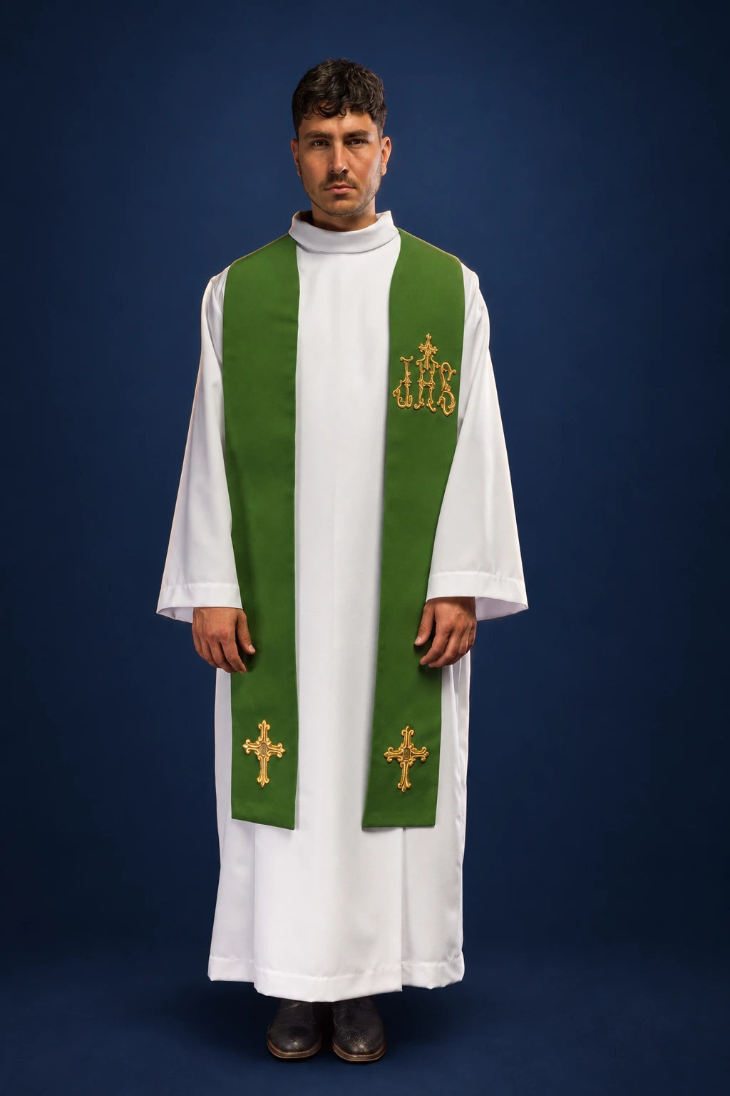 Green Embroidered Priest Stole with Cross and IHS, front view worn with gold embroidery