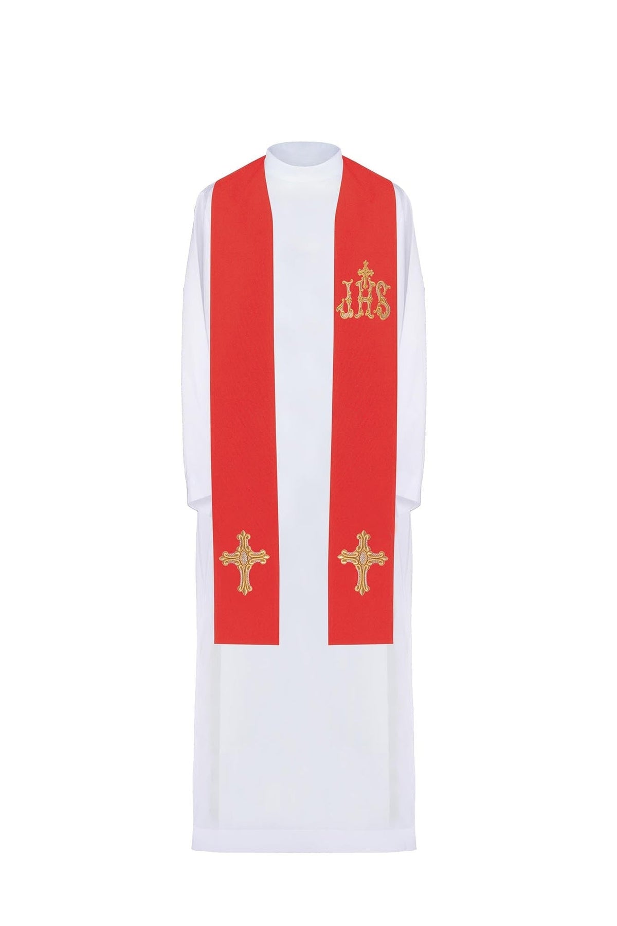 Red Embroidered Priest Stole with Cross and IHS, front view with gold embroidery