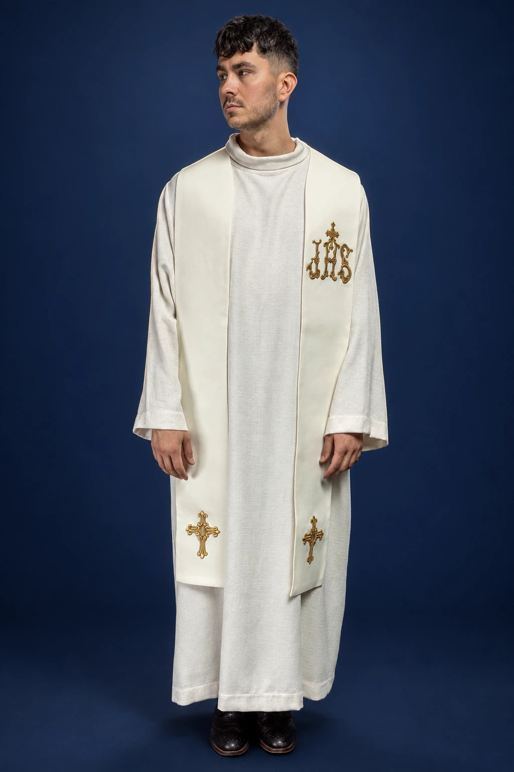 Embroidered Ecru Priest Stole with Cross and IHS, front view worn with gold embroidery