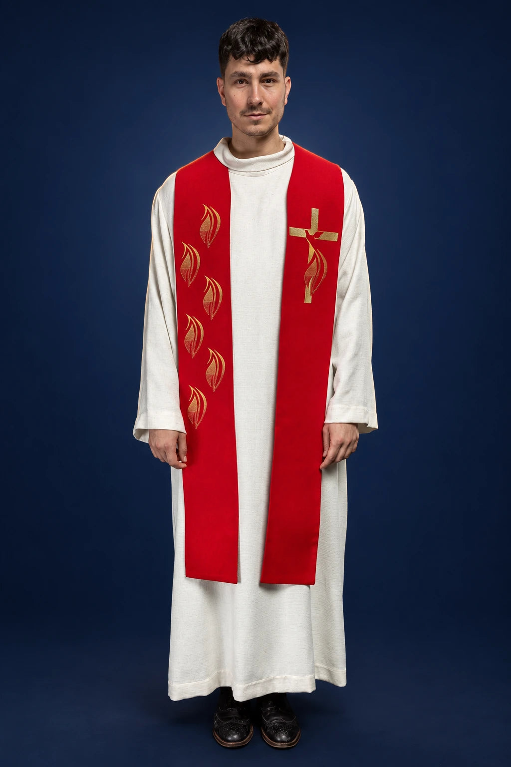 Red Embroidered Stole with Holy Spirit, Cross and Tongues of Fire, front view worn