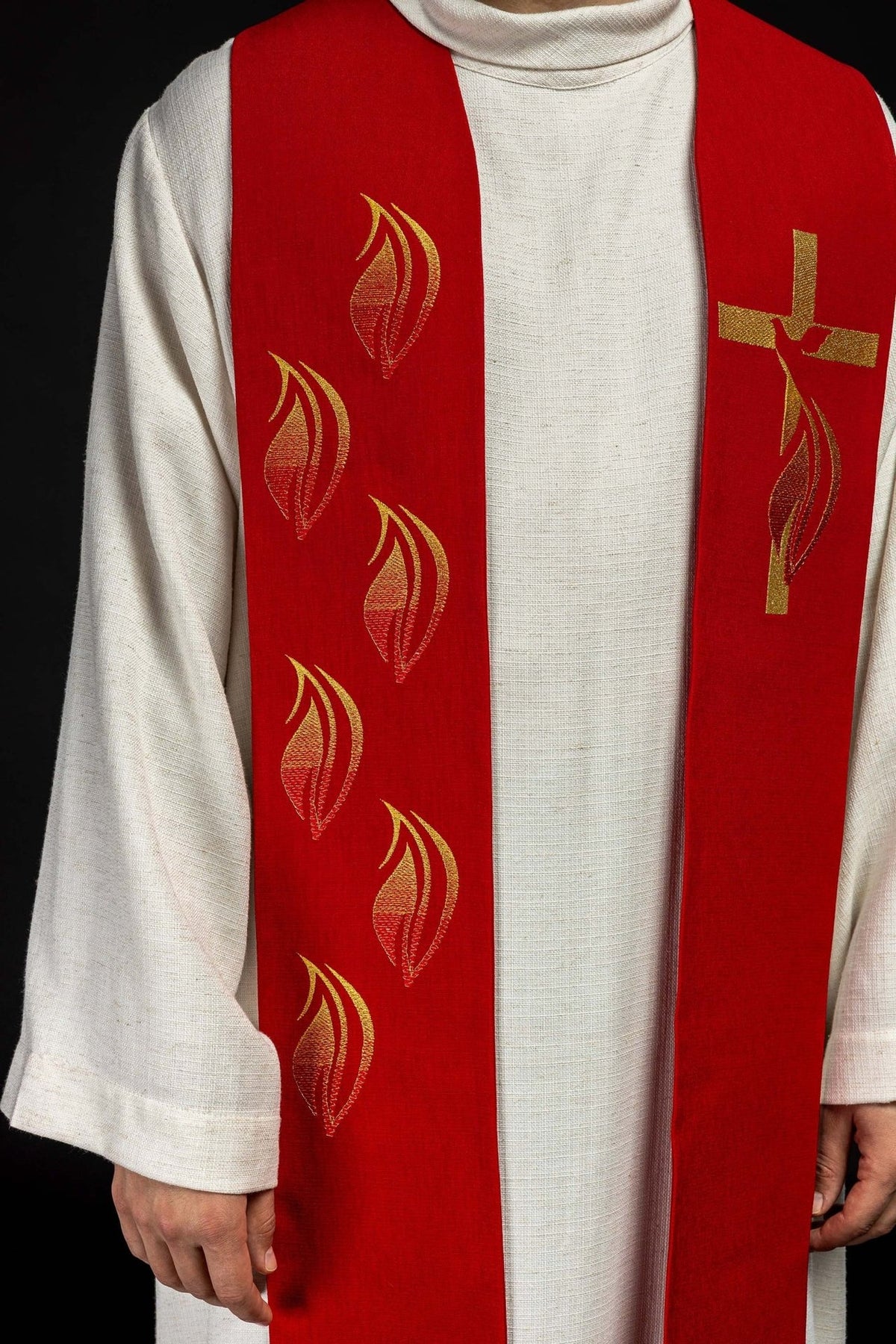 Red embroidered stole front detail with repeated tongues of fire embroidery