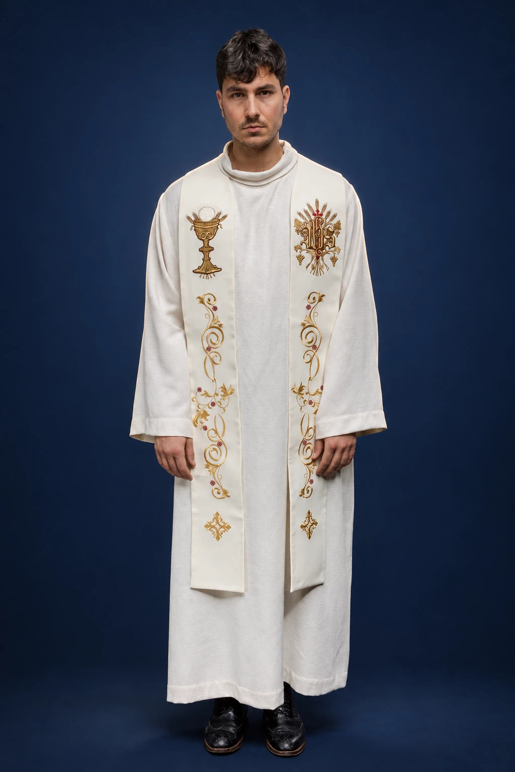 Ecru Embroidered Stole with IHS and Chalice worn front view with gold wheat and floral embroidery