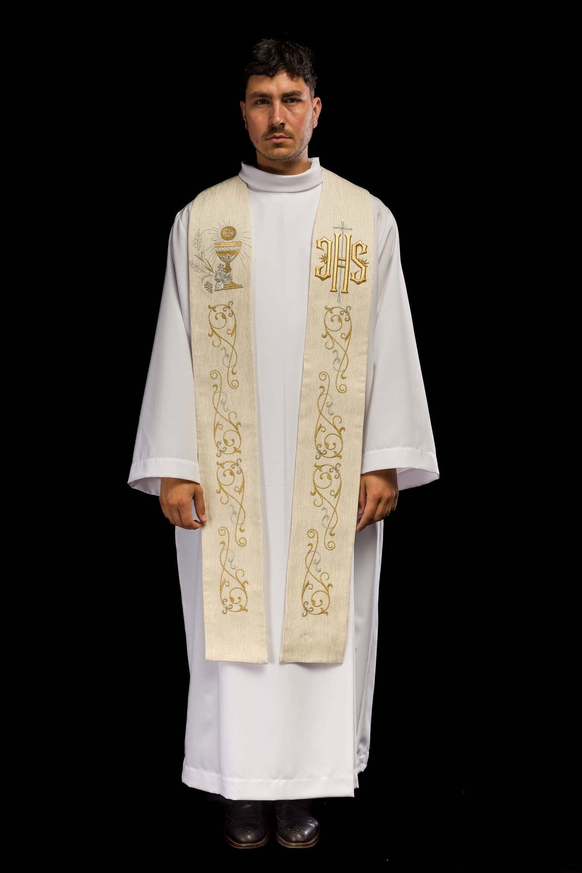 Ecru priest stole worn full front view with IHS, chalice and scroll embroidery