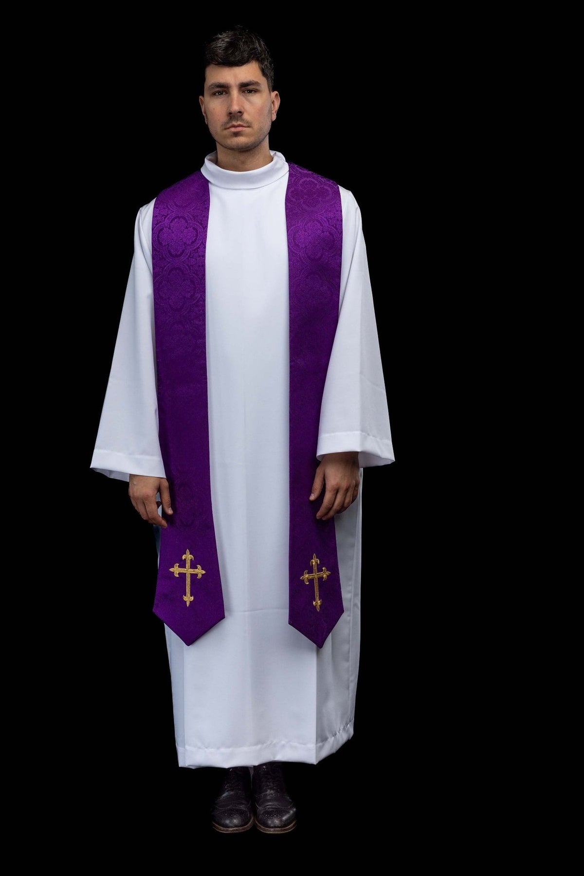 Purple embroidered stole worn in full front view with gold crosses