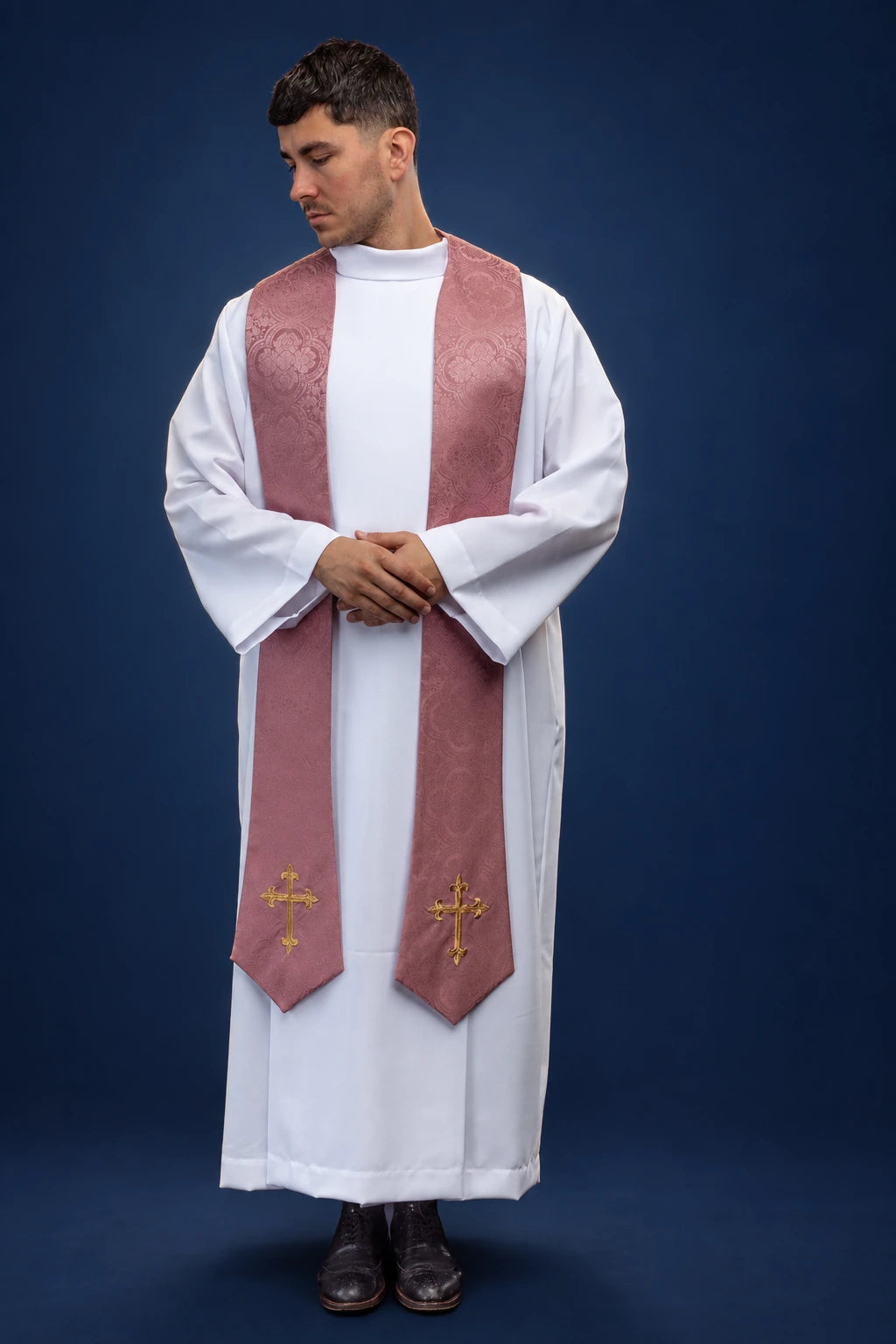 Embroidered Stole with Cross Motif in Rose Jacquard Fabric, front view worn