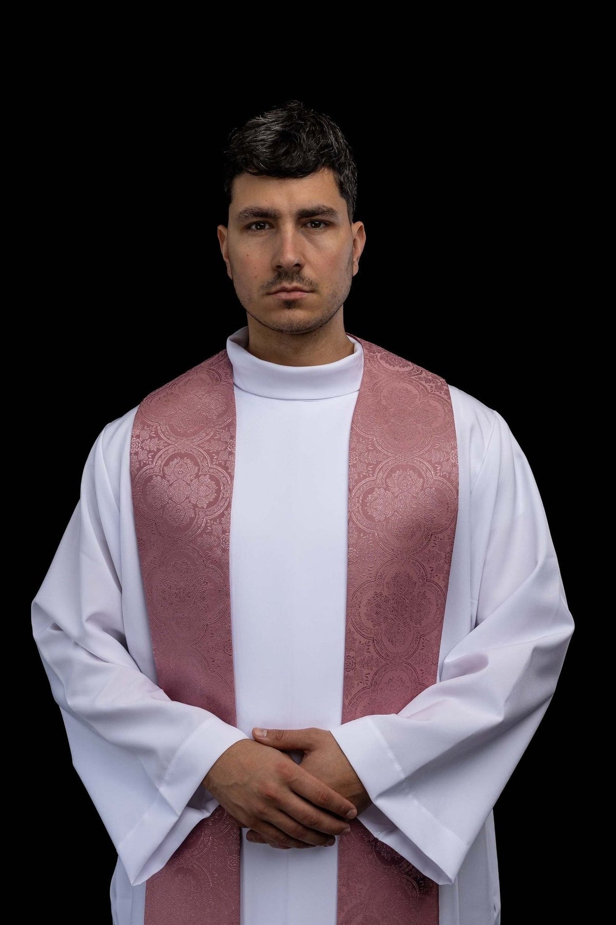 Rose priest stole worn front view showing jacquard floral pattern