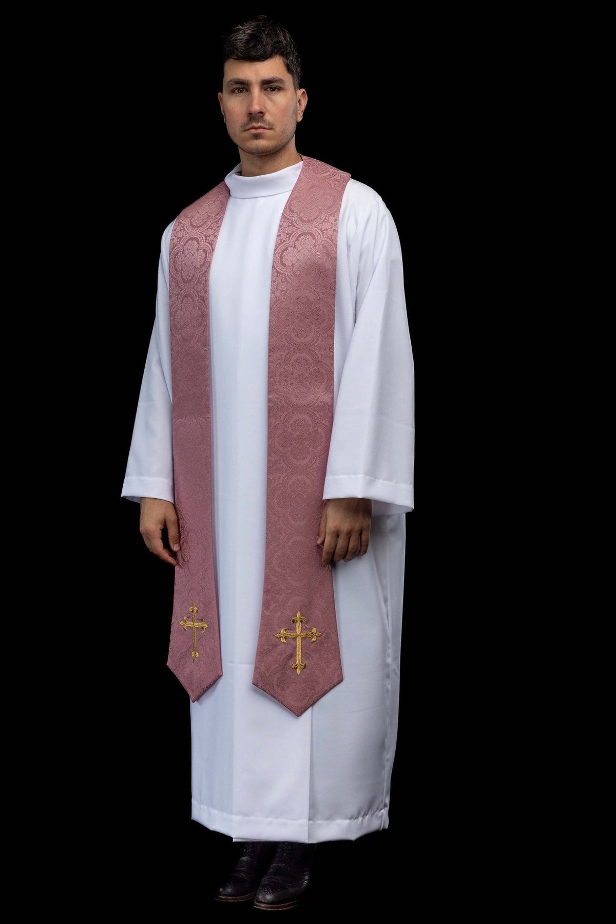 Rose priest stole worn three-quarter view with gold crosses