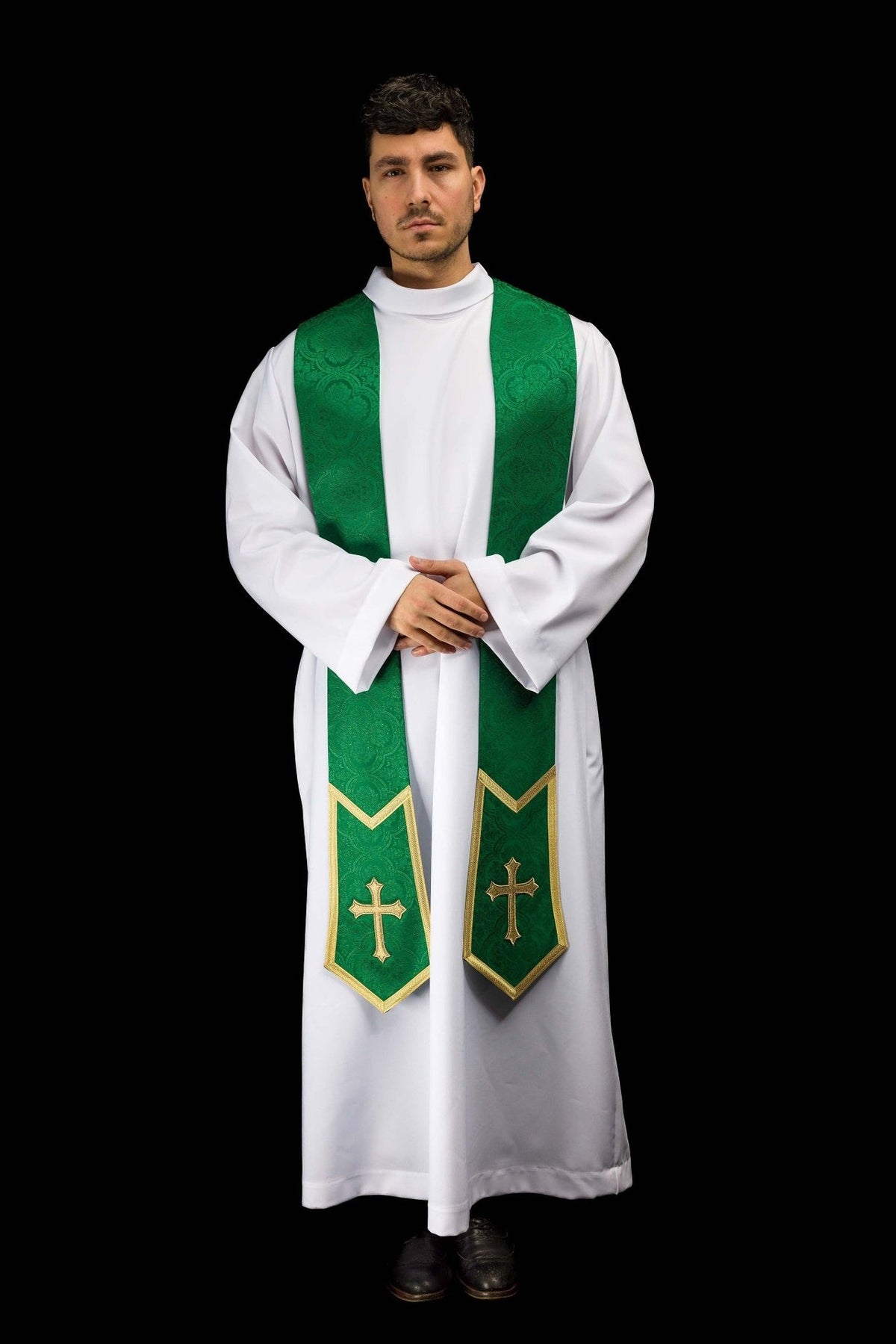 Green embroidered stole worn in full front view with gold crosses