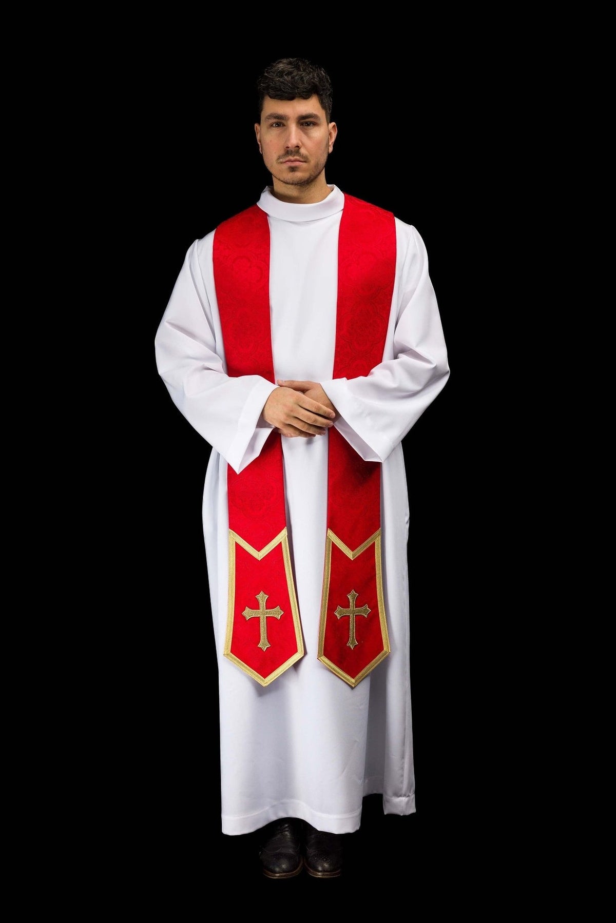 Red stole worn front view with gold cross embroidery