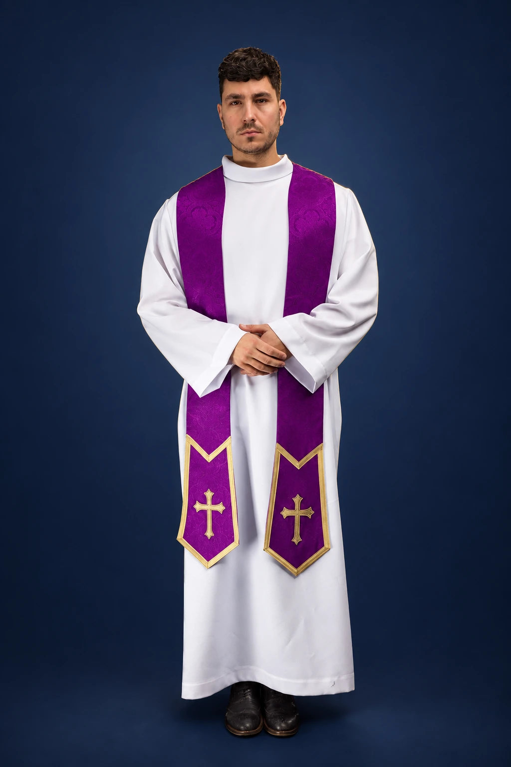 Purple Embroidered Stole with Cross Motif in Jacquard Fabric worn front view