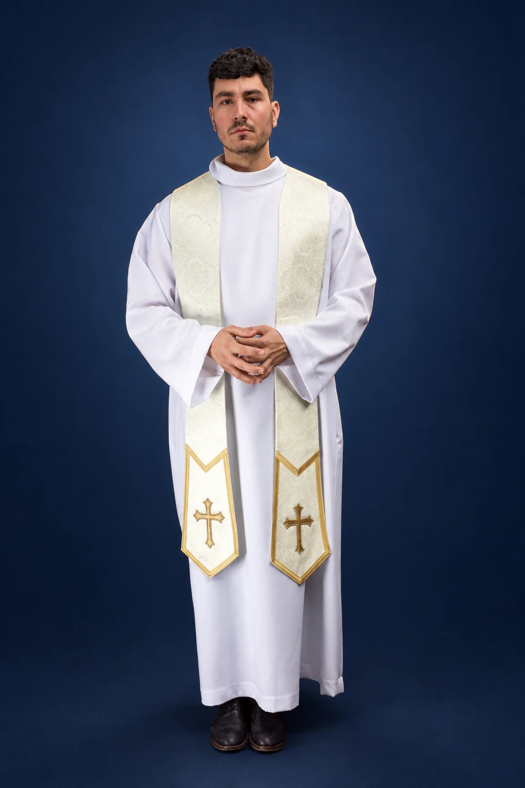 Ecru Catholic Stole with Gold Embroidered Cross, front view worn