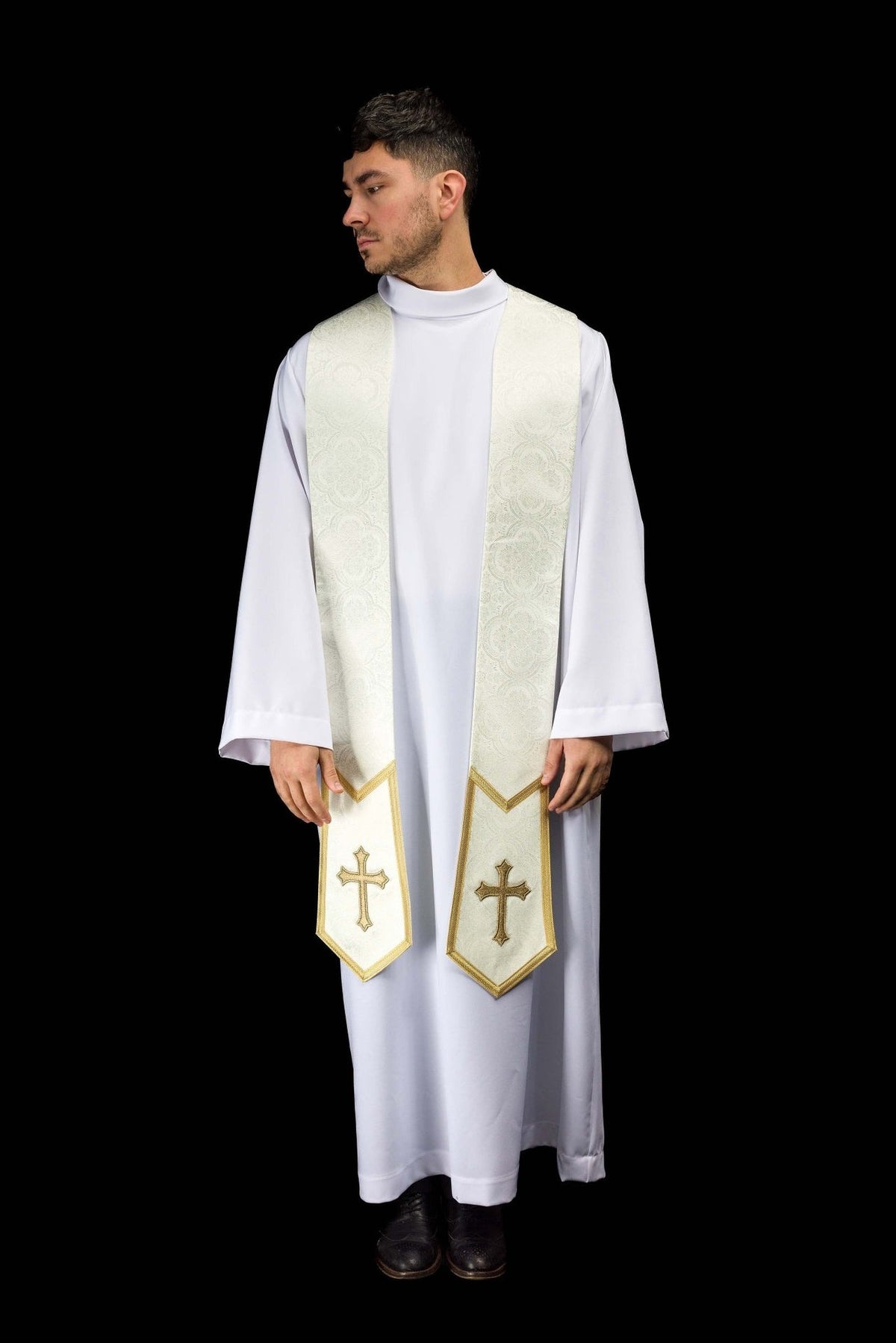 Ecru priest stole worn, front view with gold cross