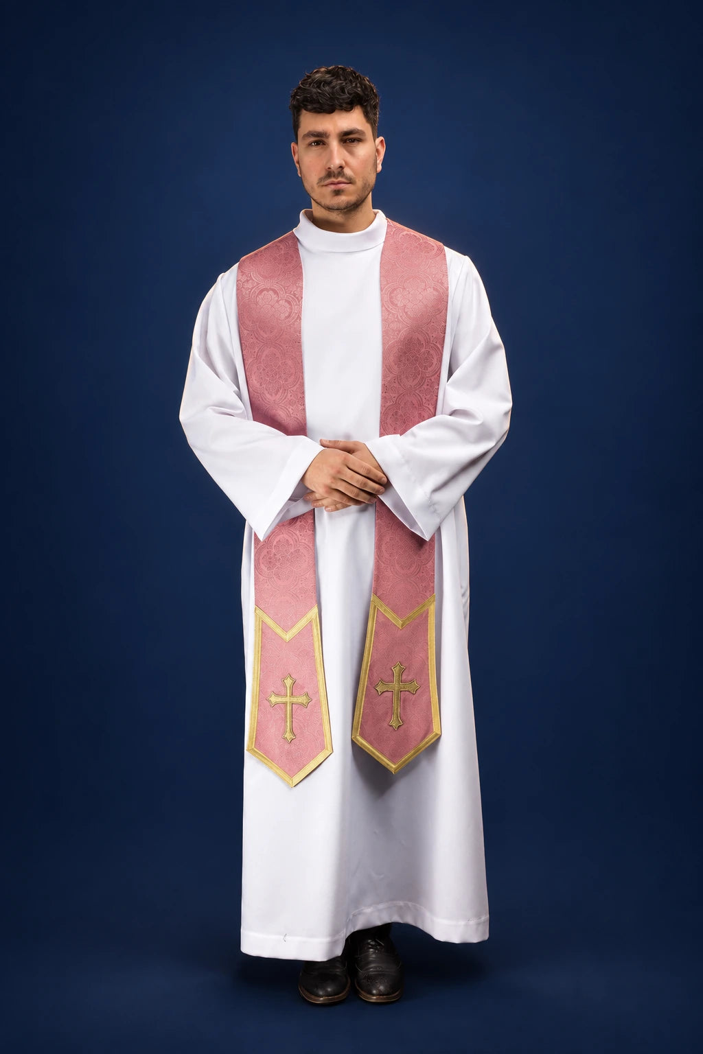 Embroidered Rose Catholic Stole with Gold Crosses worn front view in rose with gold crosses