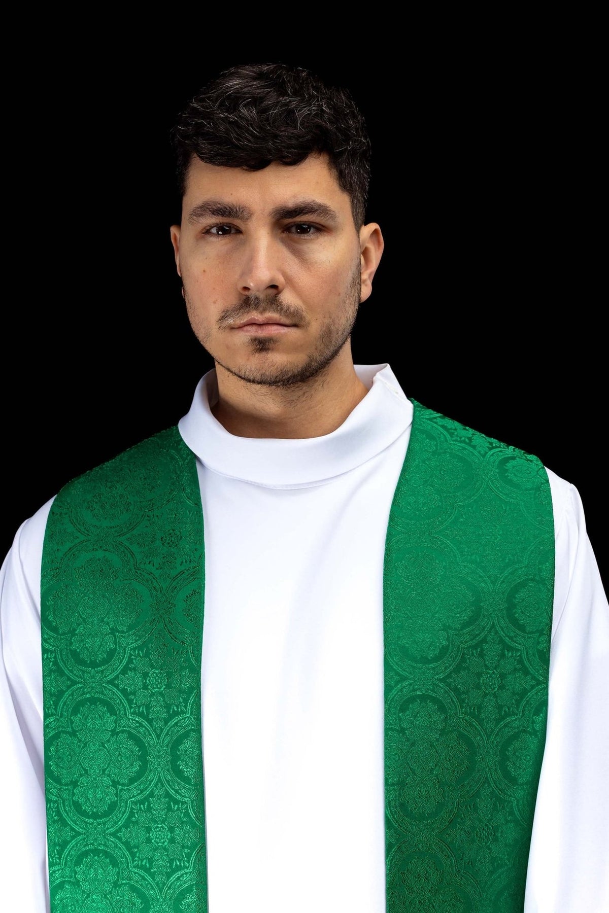 Green priest stole worn upper front view showing jacquard pattern