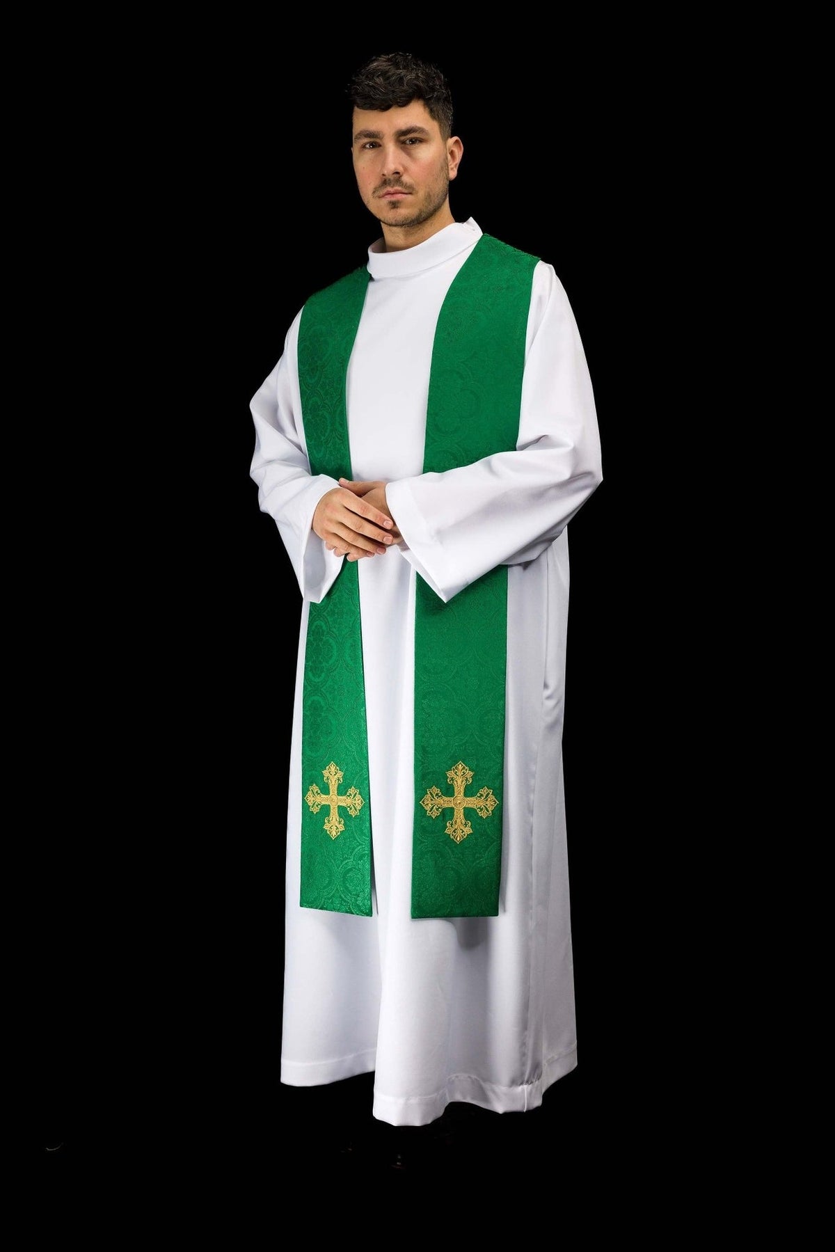 Green priest stole worn angled front view with gold crosses