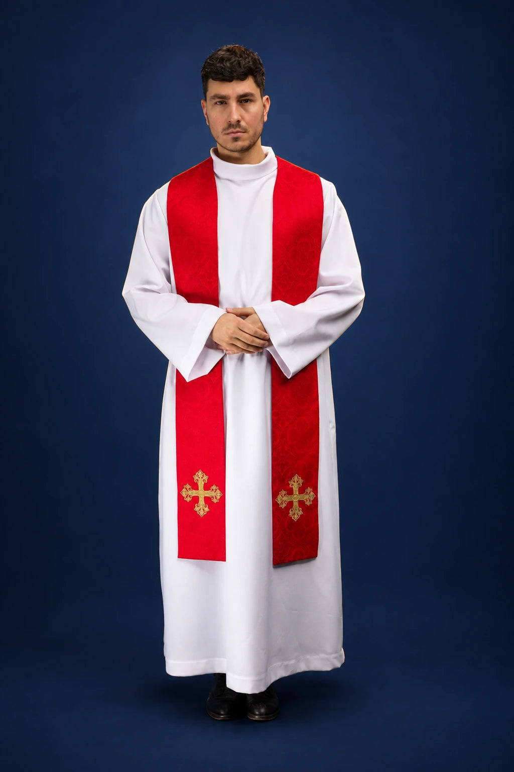 Embroidered Stole with Cross Motif, Red Jacquard Fabric worn front view
