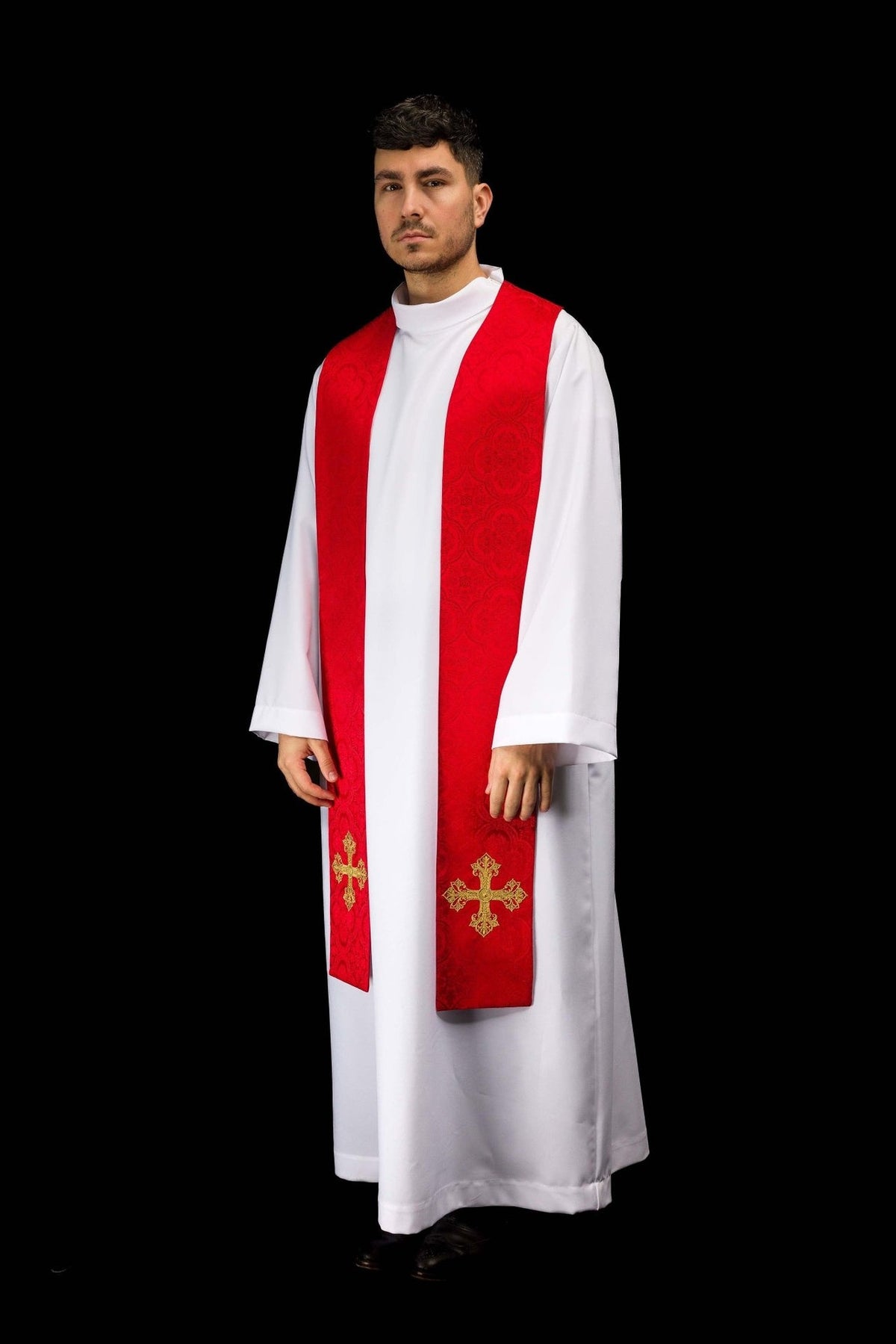 Red embroidered stole worn three-quarter view with gold crosses