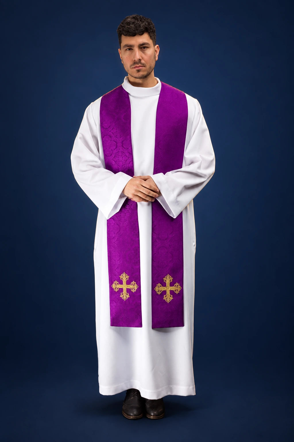 Embroidered Purple Catholic Stole with Gold Crosses, front view worn over an alb