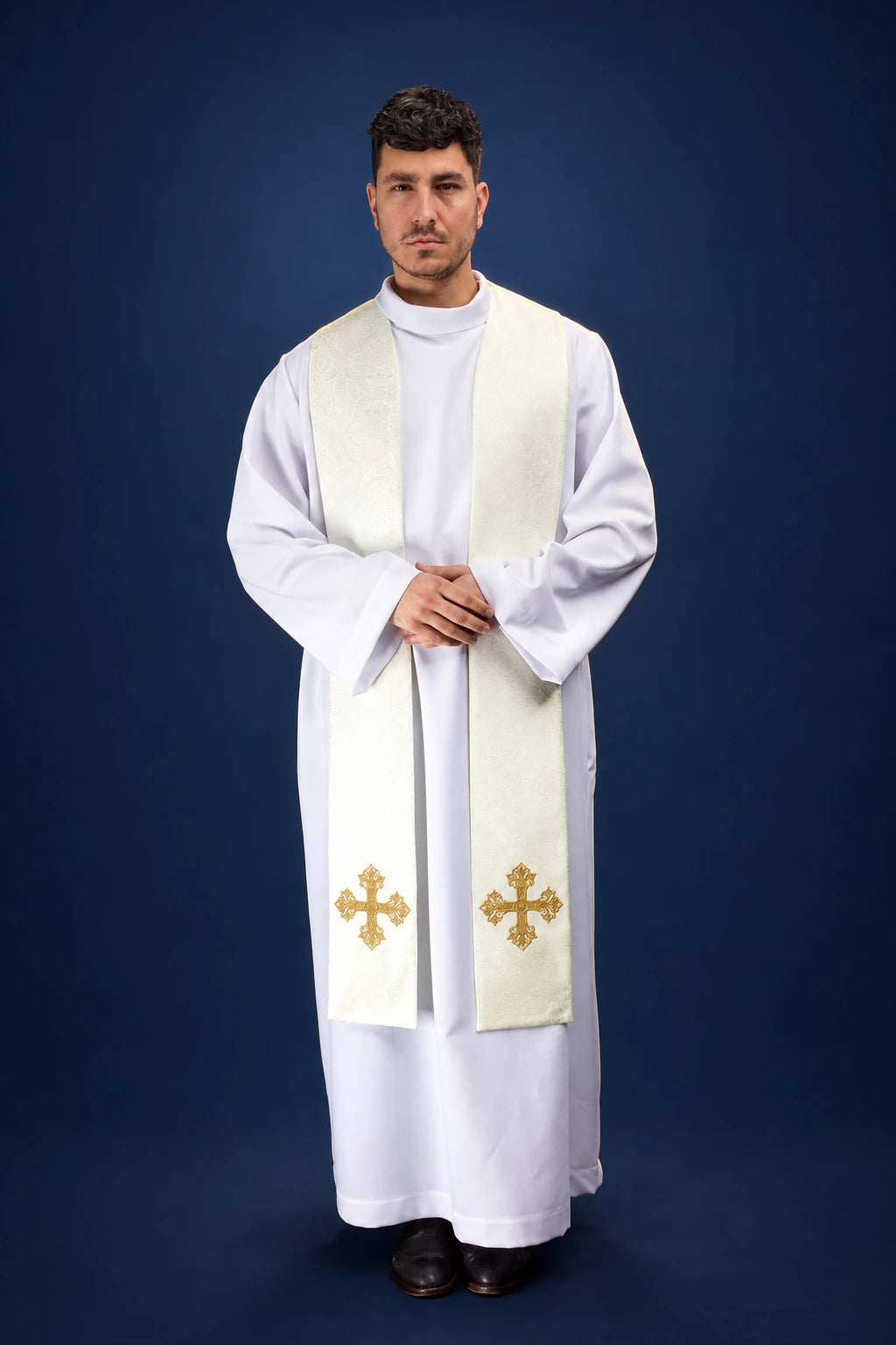 Embroidered Ecru Stole with Gold Crosses in Jacquard Fabric, front view worn