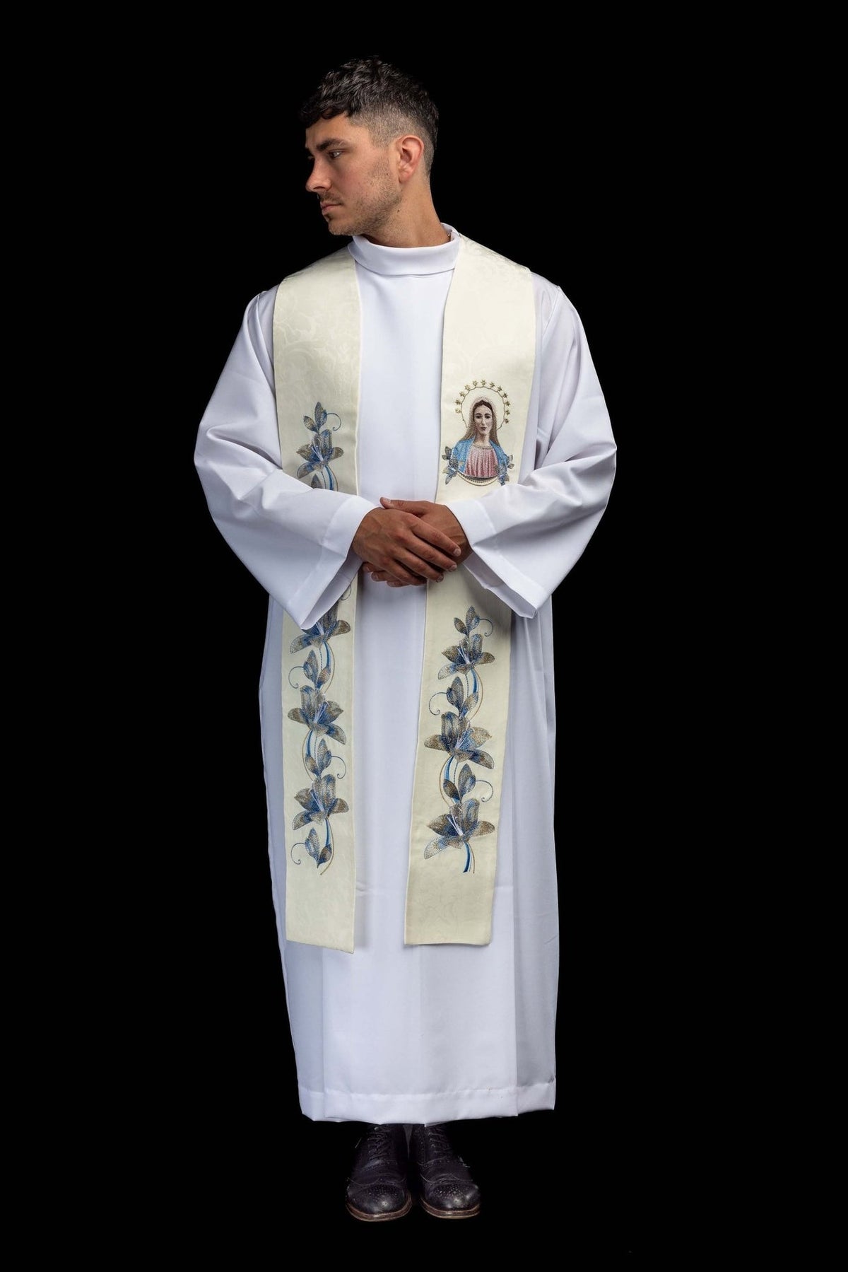 Stole full front view worn with Our Lady embroidery and blue and gold floral vines