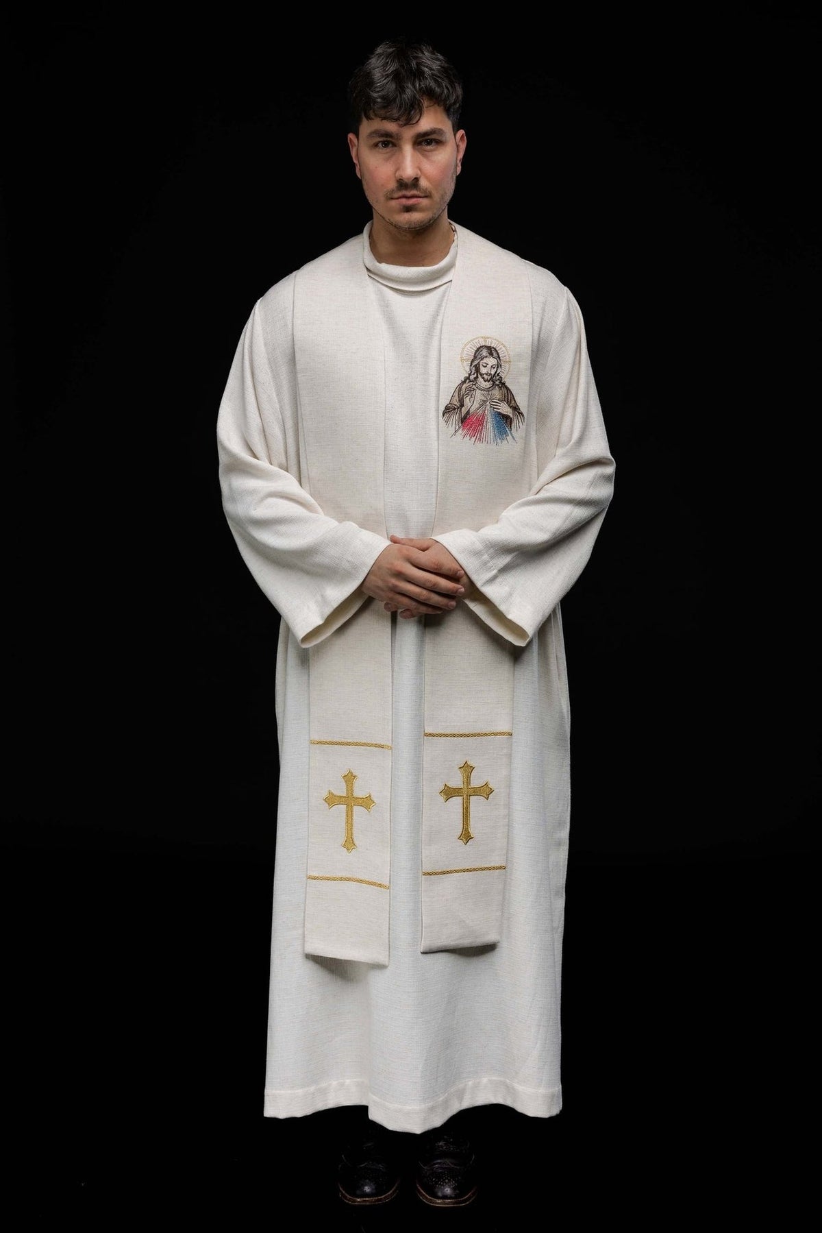 Divine Mercy stole worn in front view with gold cross embroidery
