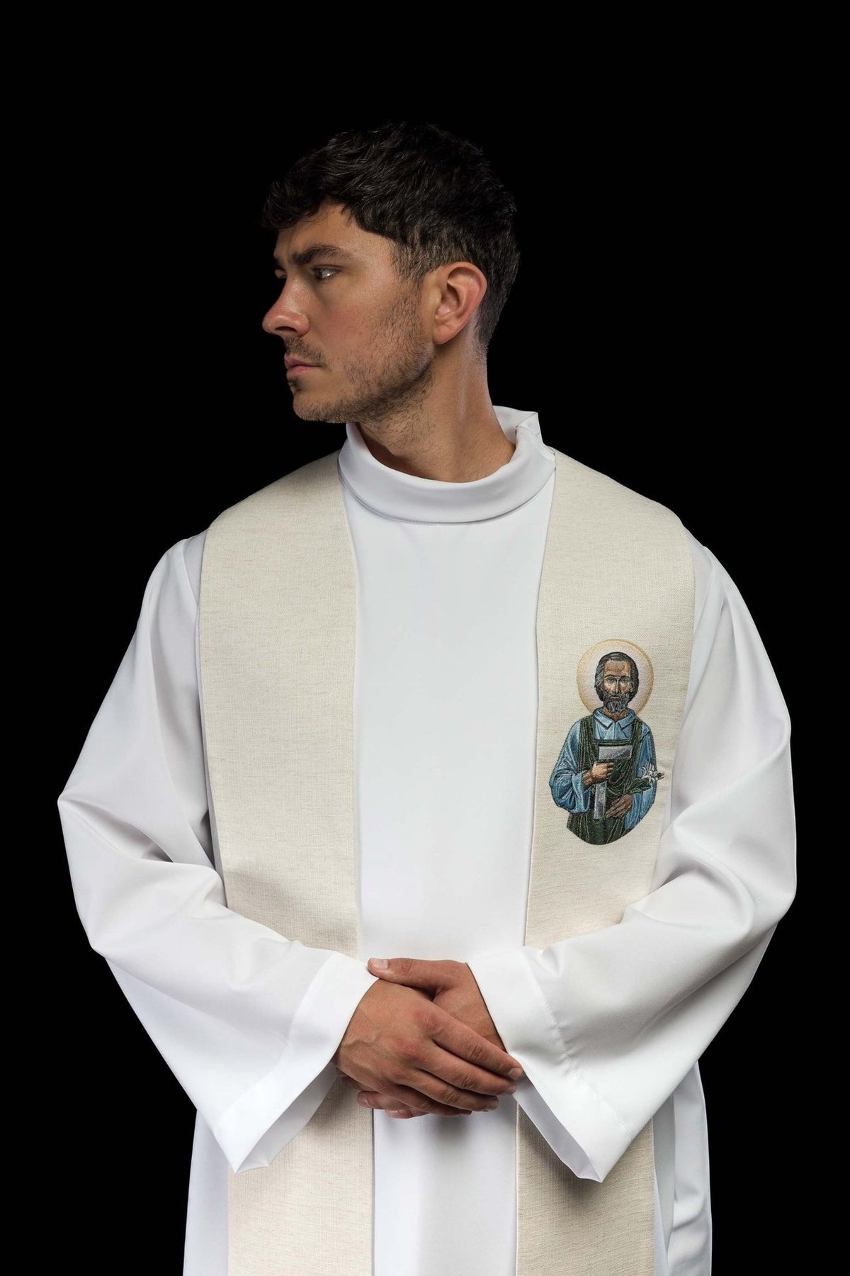Stole worn from the upper front, showing the embroidered Saint Joseph the Worker image